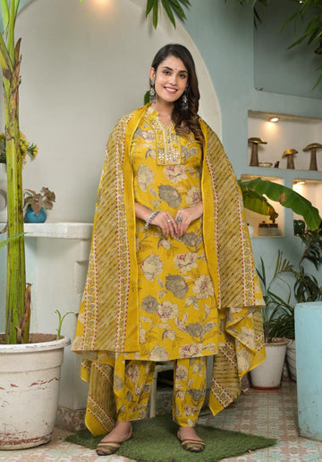 Varanga Women Yellow Floral Printed Mirror Embellished Straight Kurta Paired With Afghani Bottom And Printed Dupatta